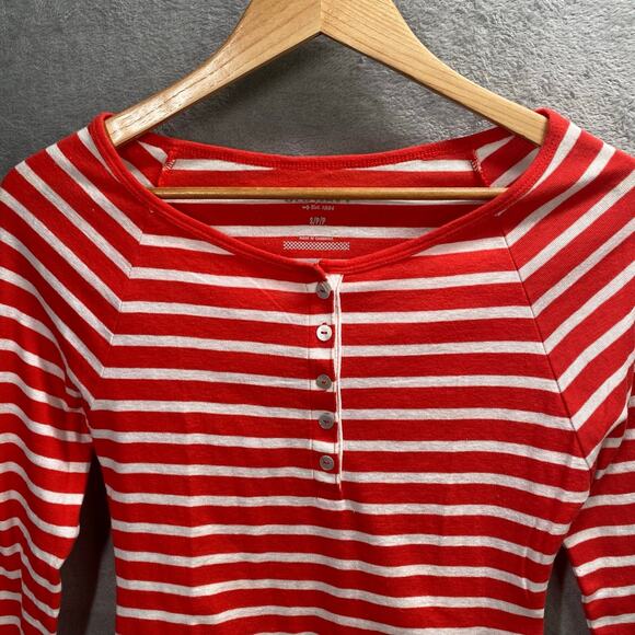Y2k‎ Henley Top Small Red White Striped Long Sleeve Button Up Preppy Casual - Picture 3 of 15